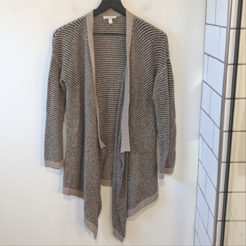 Eileen Fisher Women's Organic Cotton Tan Black Open Front Drape Cardigan Sweater
